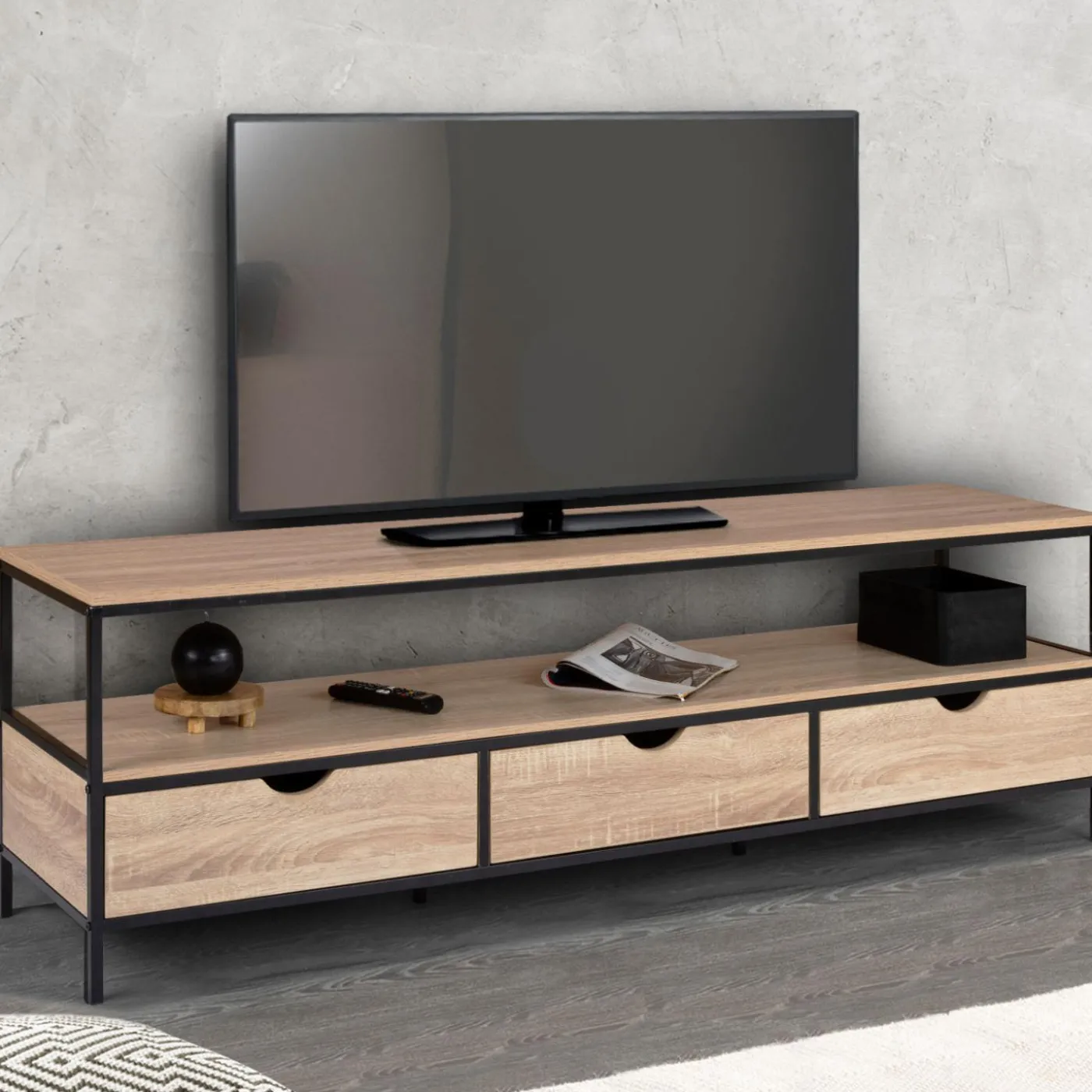 Meuble TV style industriel 3 tiroirs 160 cm