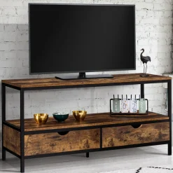 Meuble TV style industriel bois effet vieilli et métal 2 tiroirs
