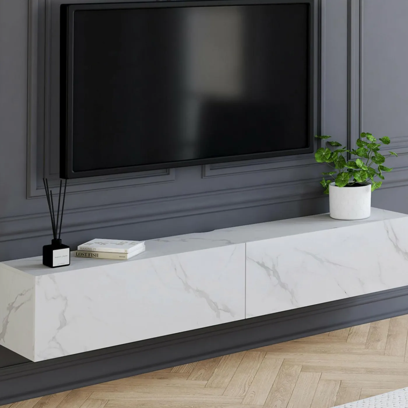 Meuble TV suspendu 2 portes bois effet marbre 180 cm