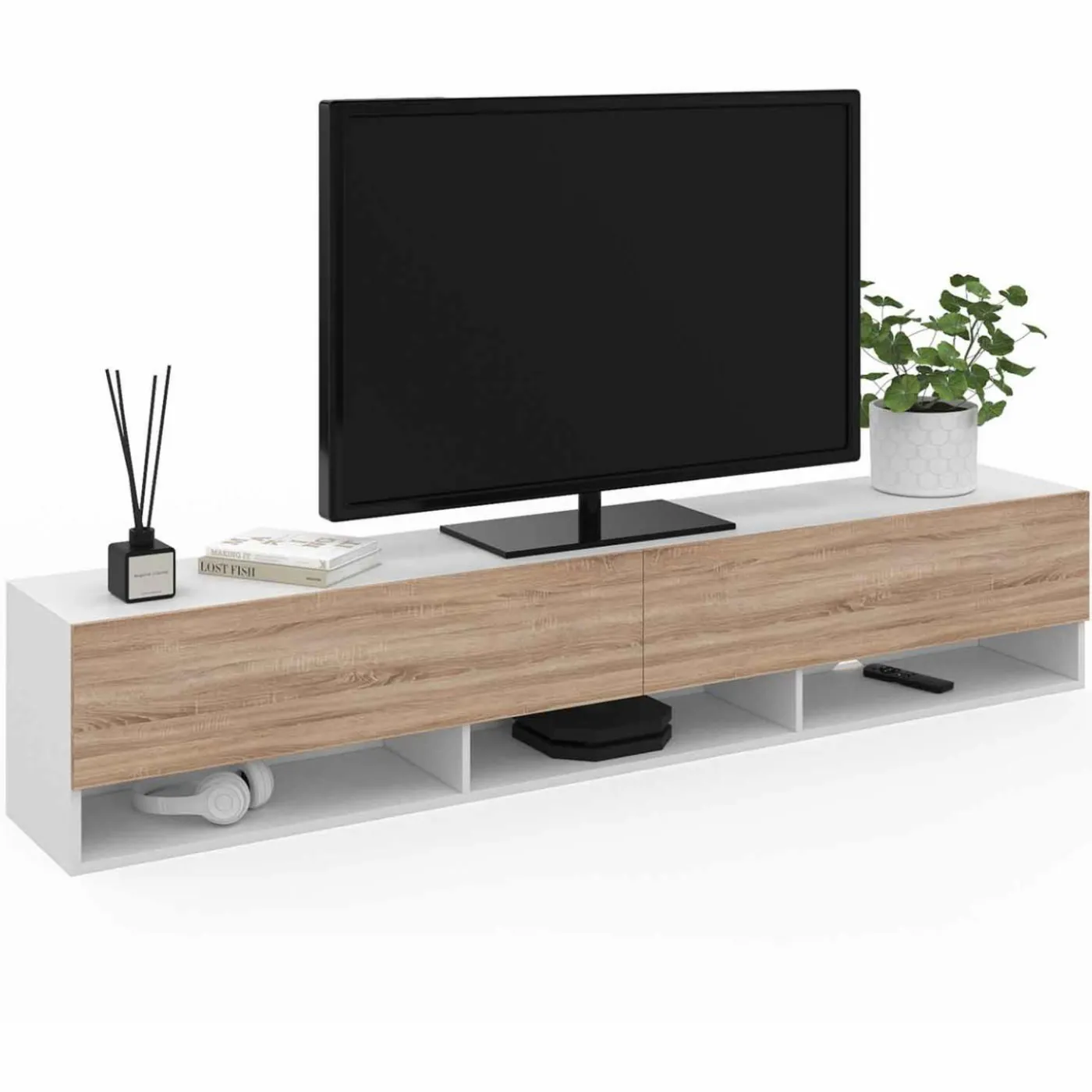 Meuble TV suspendu blanc et bois 180 cm avec étagères