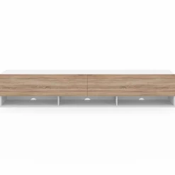 Meuble TV suspendu blanc et bois 180 cm avec étagères
