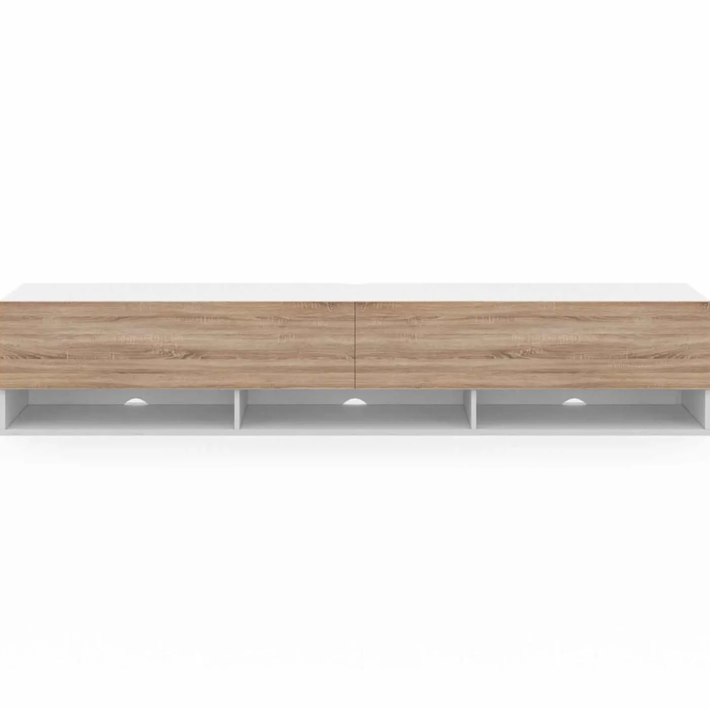 Meuble TV suspendu blanc et bois 180 cm avec étagères
