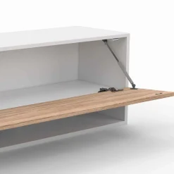 Meuble TV suspendu blanc et bois 180 cm avec étagères