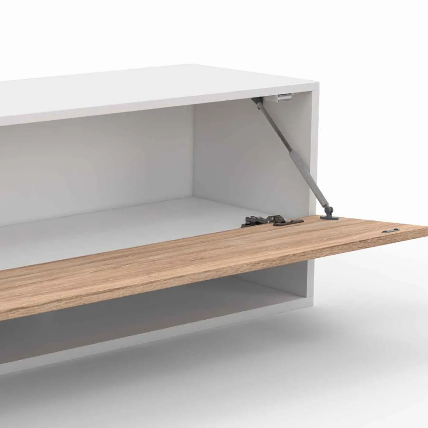 Meuble TV suspendu blanc et bois 180 cm avec étagères