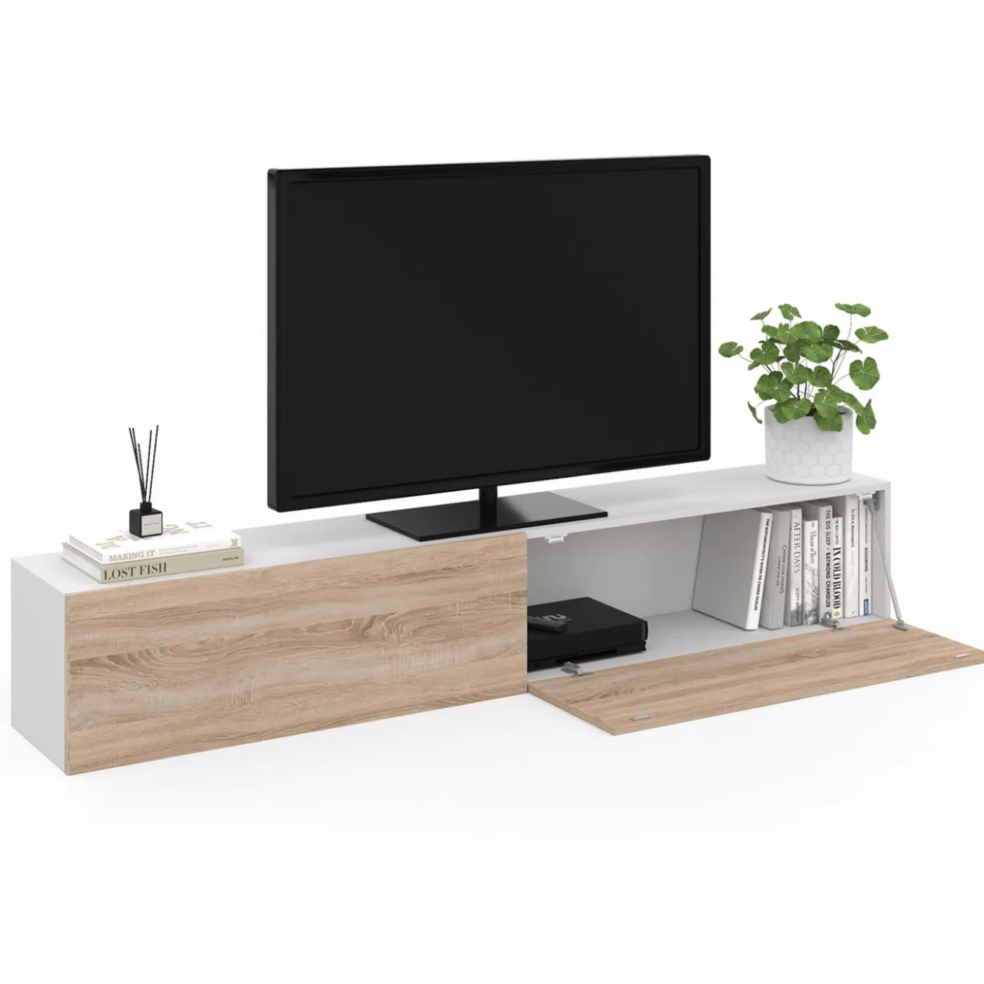 Meuble TV suspendu blanc et bois