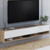 Meuble TV suspendu bois et blanc 180 cm avec étagères