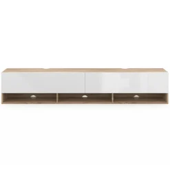 Meuble TV suspendu bois et blanc 180 cm avec étagères
