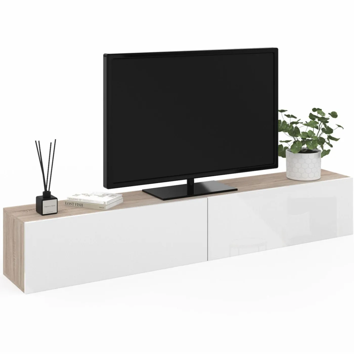 Meuble TV suspendu bois et blanc