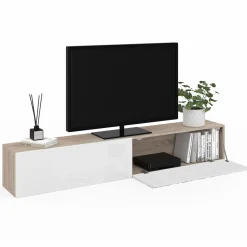Meuble TV suspendu bois et blanc