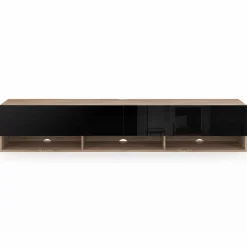 Meuble TV suspendu noir et bois 180 cm avec étagères