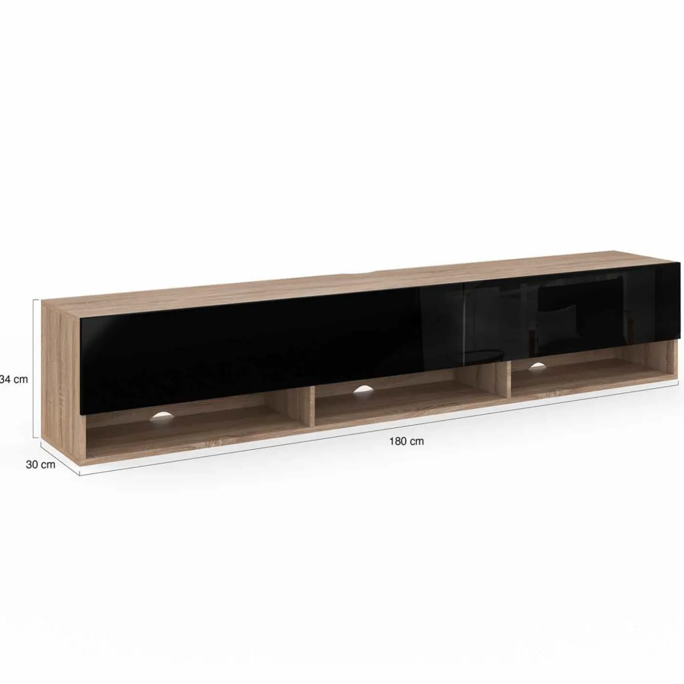 Meuble TV suspendu noir et bois 180 cm avec étagères