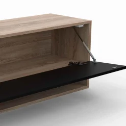 Meuble TV suspendu noir et bois 180 cm avec étagères