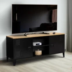 Meuble TV vestiaire portes métal et plateau bois 113 cm