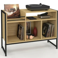 Meuble vinyle, buffet de rangement 100cm bois et noir design industriel