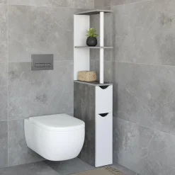 Meuble WC gain de place en bois blanc et effet béton