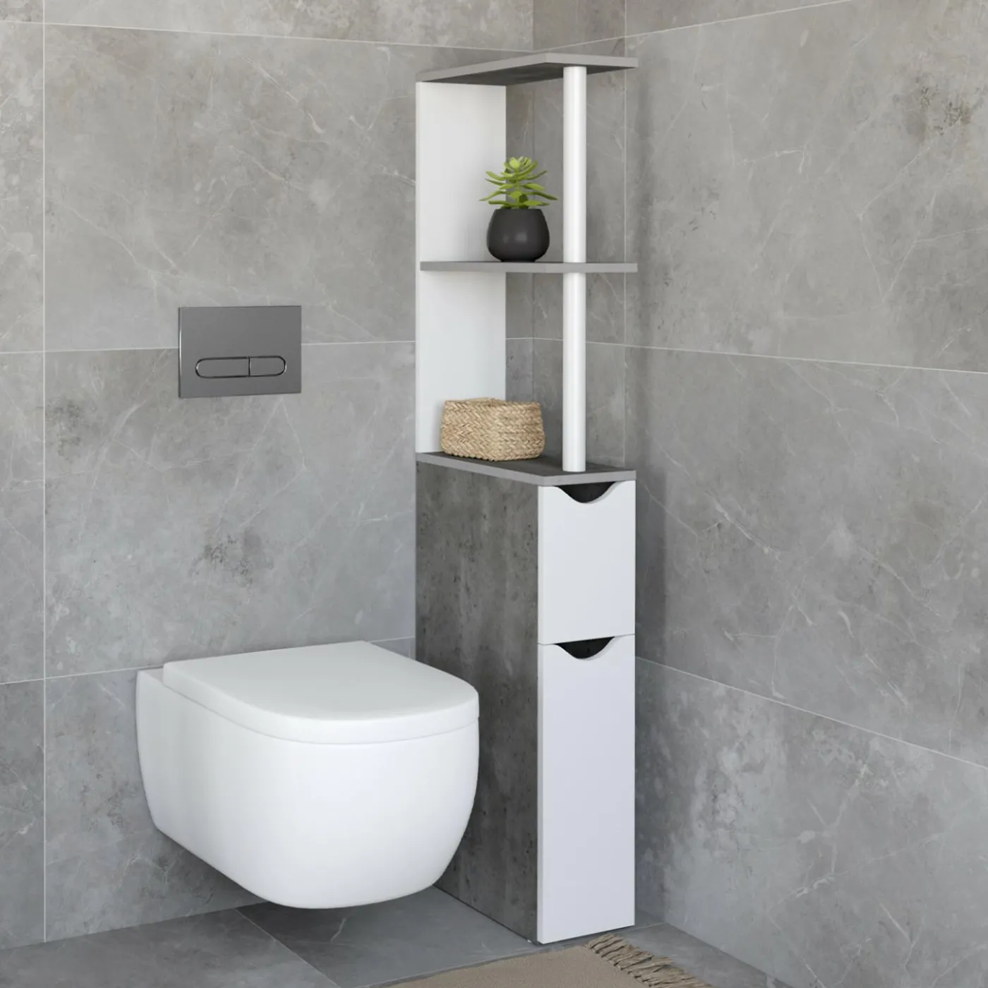 Meuble WC gain de place en bois blanc et effet béton