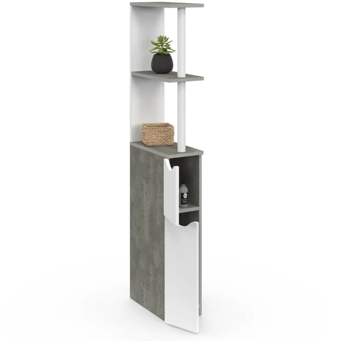 Meuble WC gain de place en bois blanc et effet béton