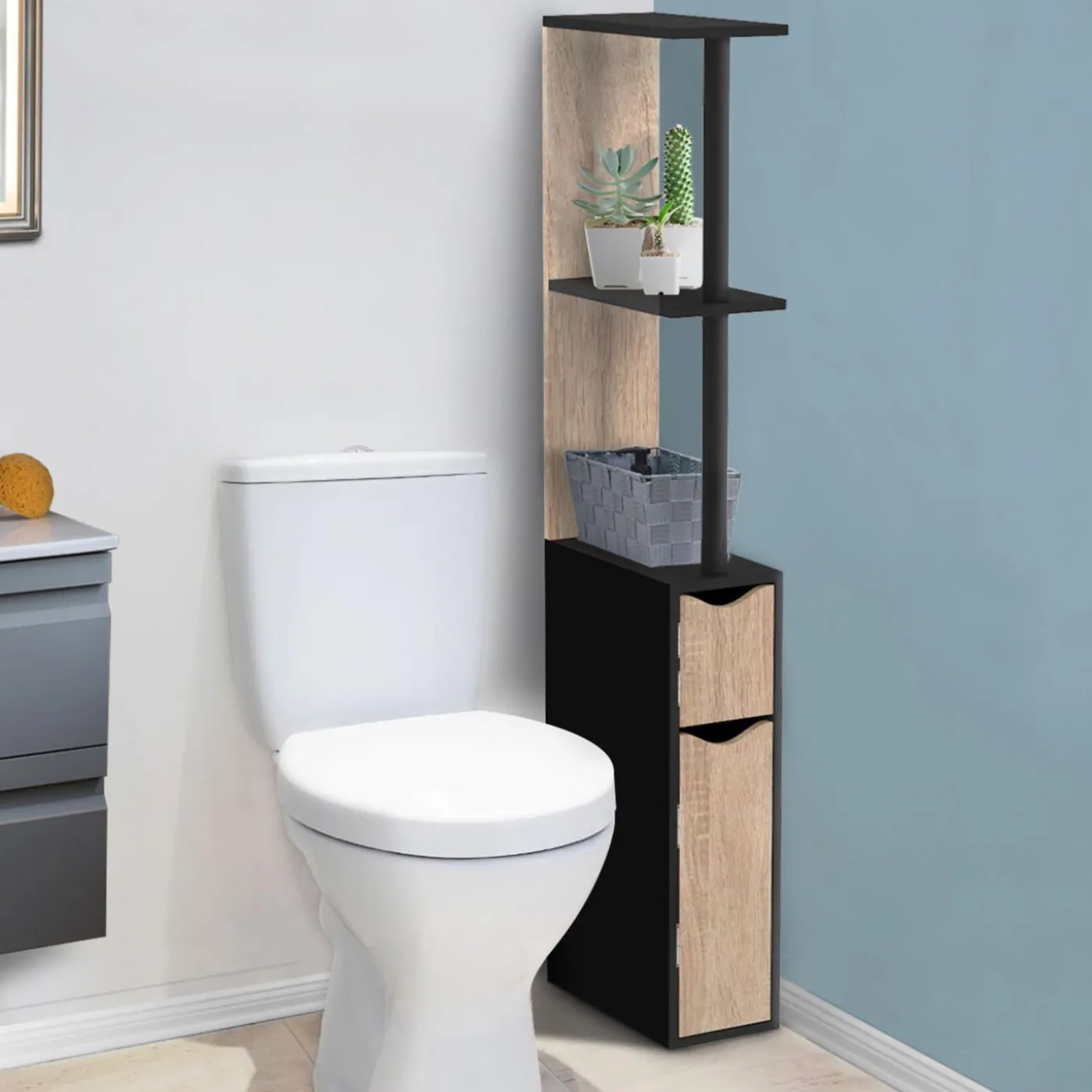 Meuble WC étagère avec 2 portes noir et bois
