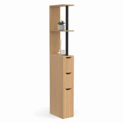 Meuble WC étagère bois 3 portes lattes bois coloris chêne