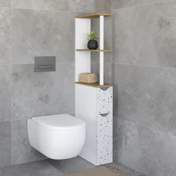 Meuble WC étagère hêtre et motif terrazzo avec 2 portes