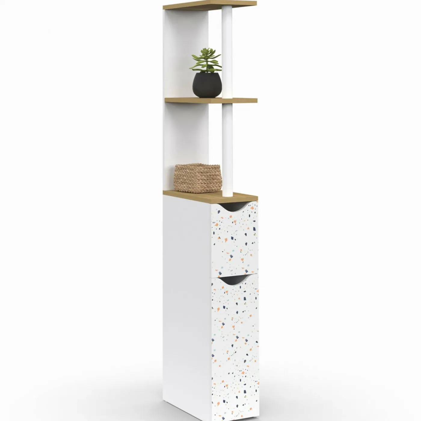 Meuble WC étagère hêtre et motif terrazzo avec 2 portes