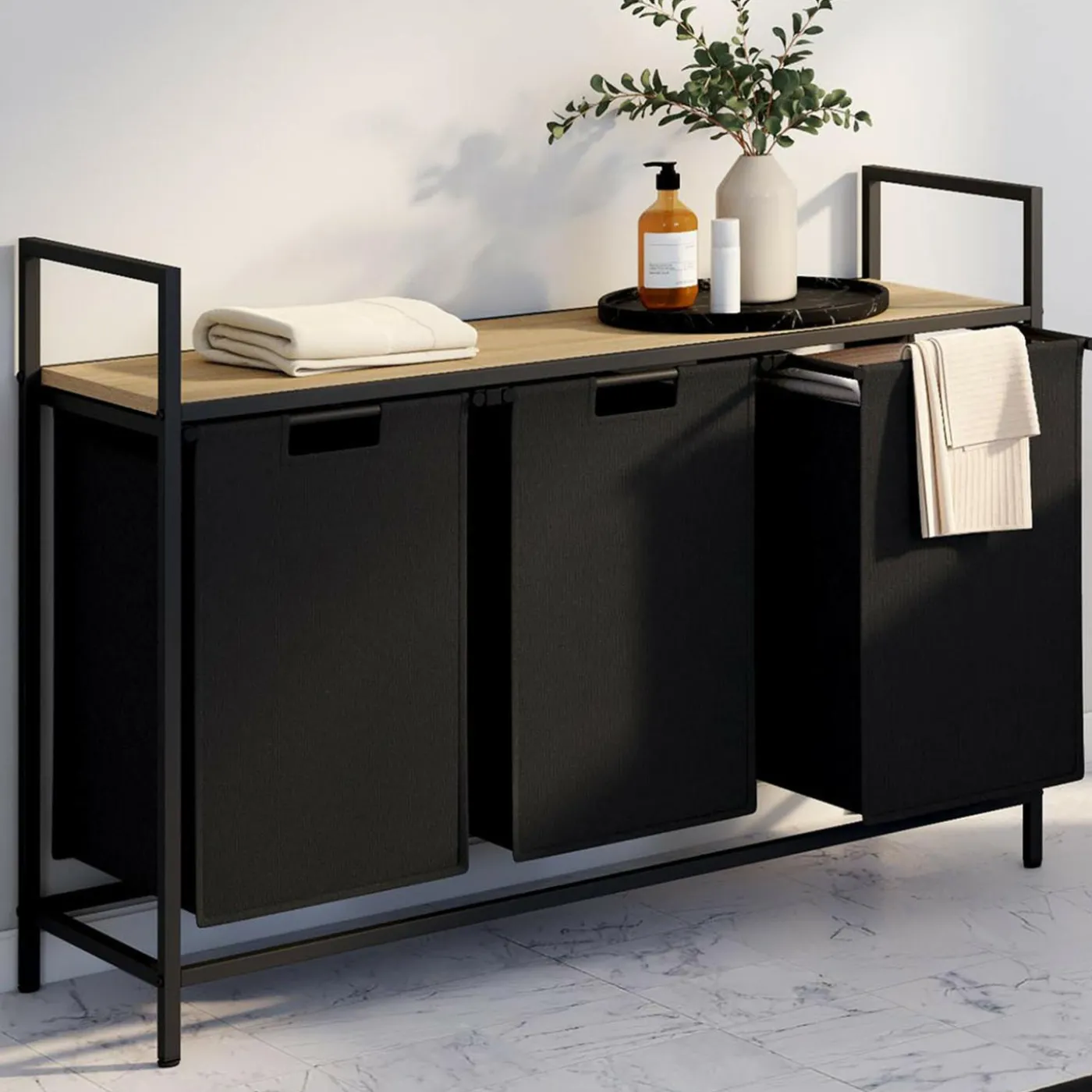 Panier à linge 3 bacs DETROIT tissu noir design industriel
