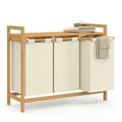 Panier à linge bambou 3 bacs tissu écru