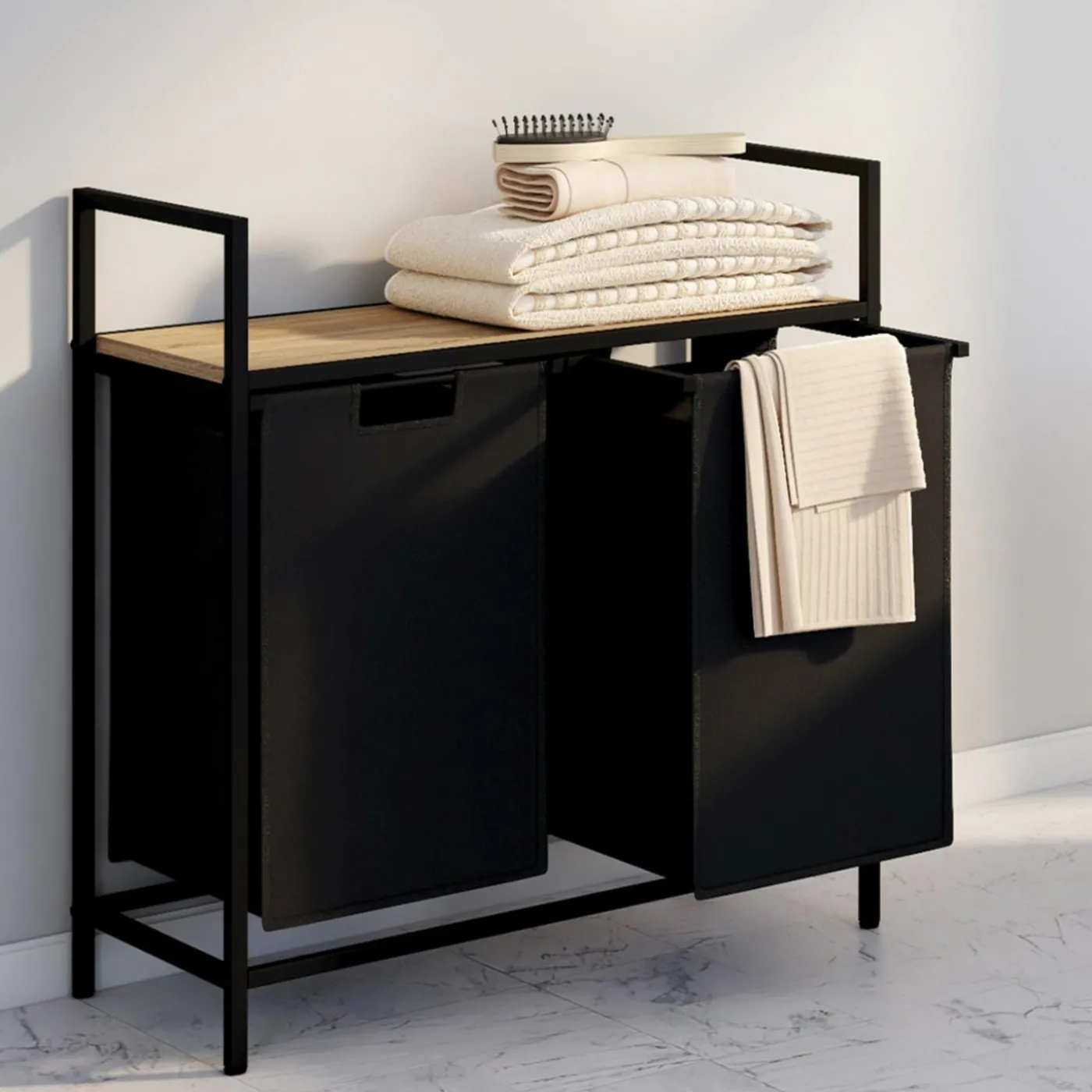 Panier à linge en tissu noir avec 2 bacs