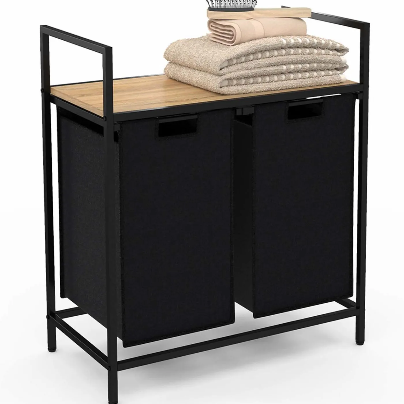 Panier à linge en tissu noir avec 2 bacs