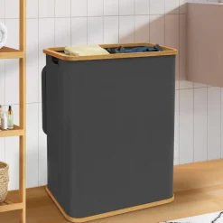 Panier à linge 140L 2 bacs amovibles bambou gris