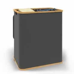 Panier à linge 140L 2 bacs amovibles bambou gris