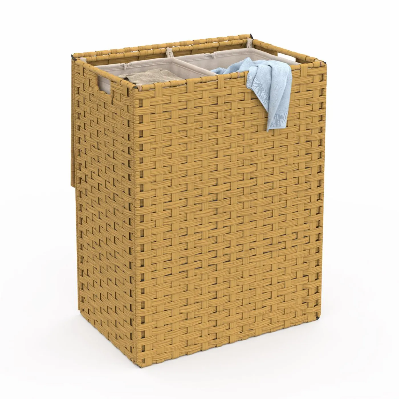 Panier à linge 140L 2 bacs amovibles effet rotin et tissu