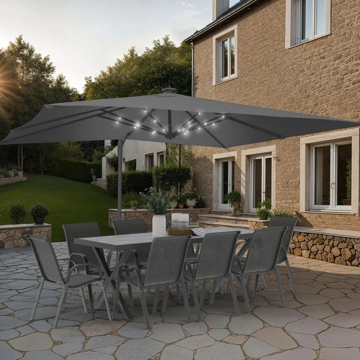 Parasol déporté inclinable 3x4 m rotatif 360 gris avec LED