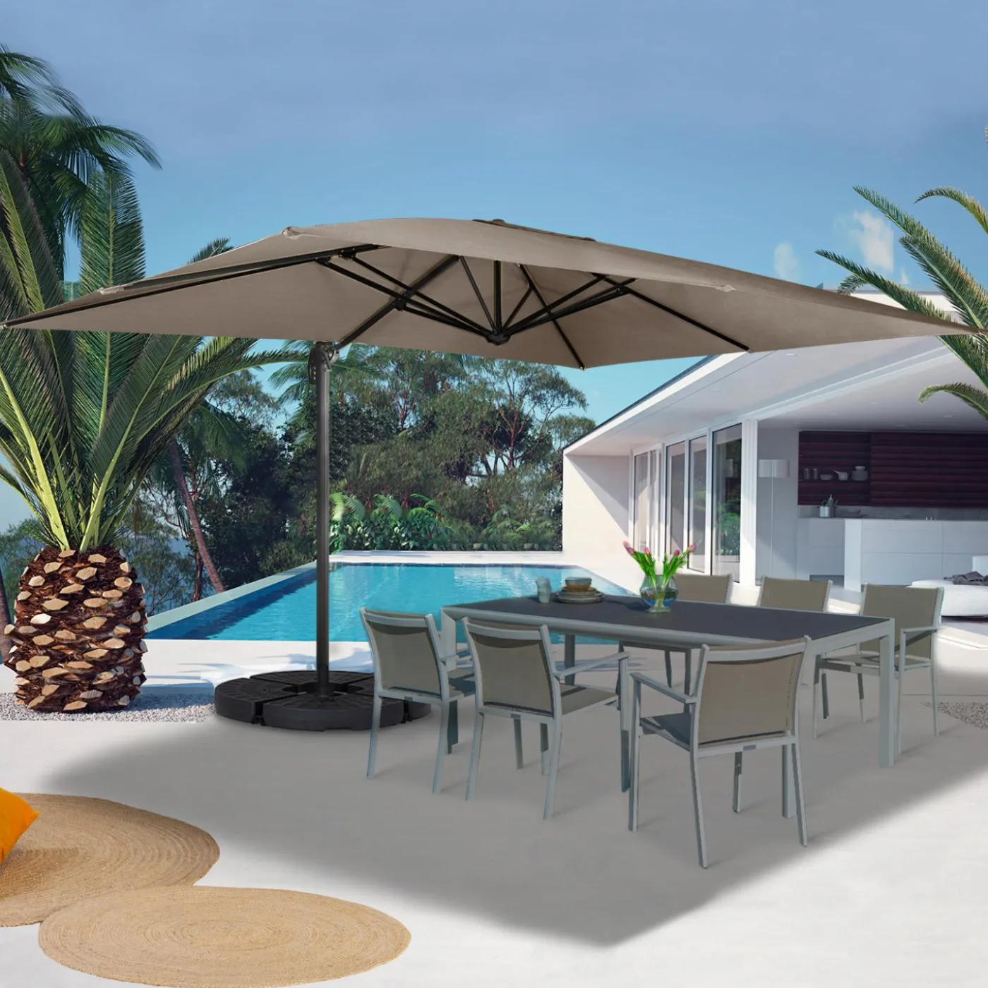 Parasol déporté 3x4 m rotatif 360 coloris taupe
