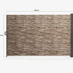 Paravent extérieur rétractable 400x180 cm store latéral motif pierre