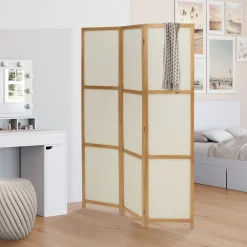 Paravent rétractable intérieur décoratif en bois et tissu beige