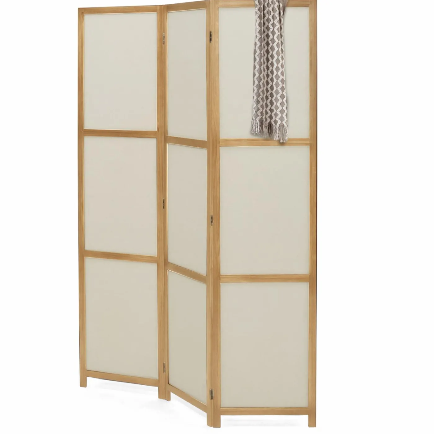 Paravent rétractable intérieur décoratif en bois et tissu beige