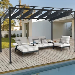 Pergola acier lames orientables avec 4 stores gris 3x3 m