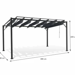 Pergola acier lames orientables avec 4 stores gris 3x3 m