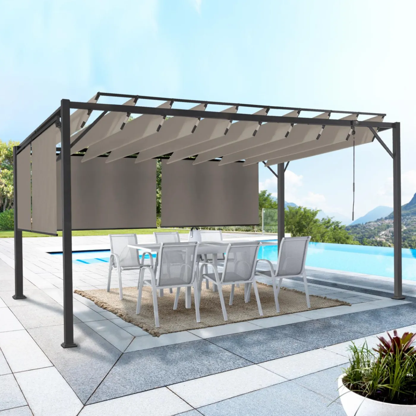Pergola acier lames orientables 3x4m avec 4 stores taupe
