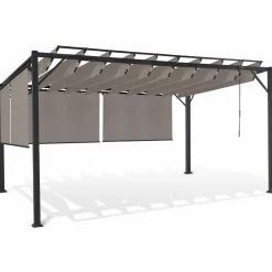 Pergola acier lames orientables 3x4m avec 4 stores taupe