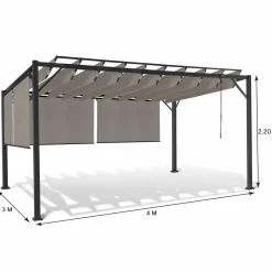 Pergola acier lames orientables 3x4m avec 4 stores taupe