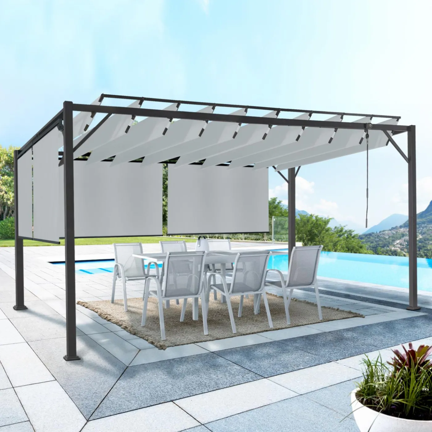 Pergola acier lames orientables 3x4 m avec 4 stores gris clair