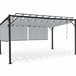 Pergola acier lames orientables 3x4 m avec 4 stores gris clair
