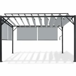Pergola acier lames orientables 3x4 m avec 4 stores gris clair
