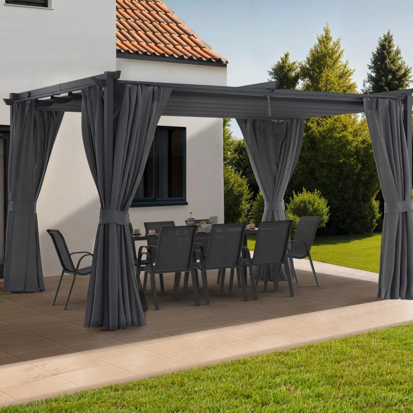 Pergola avec moustiquaire intégrée, toit rétractable et 4 rideaux gris 3x4 m