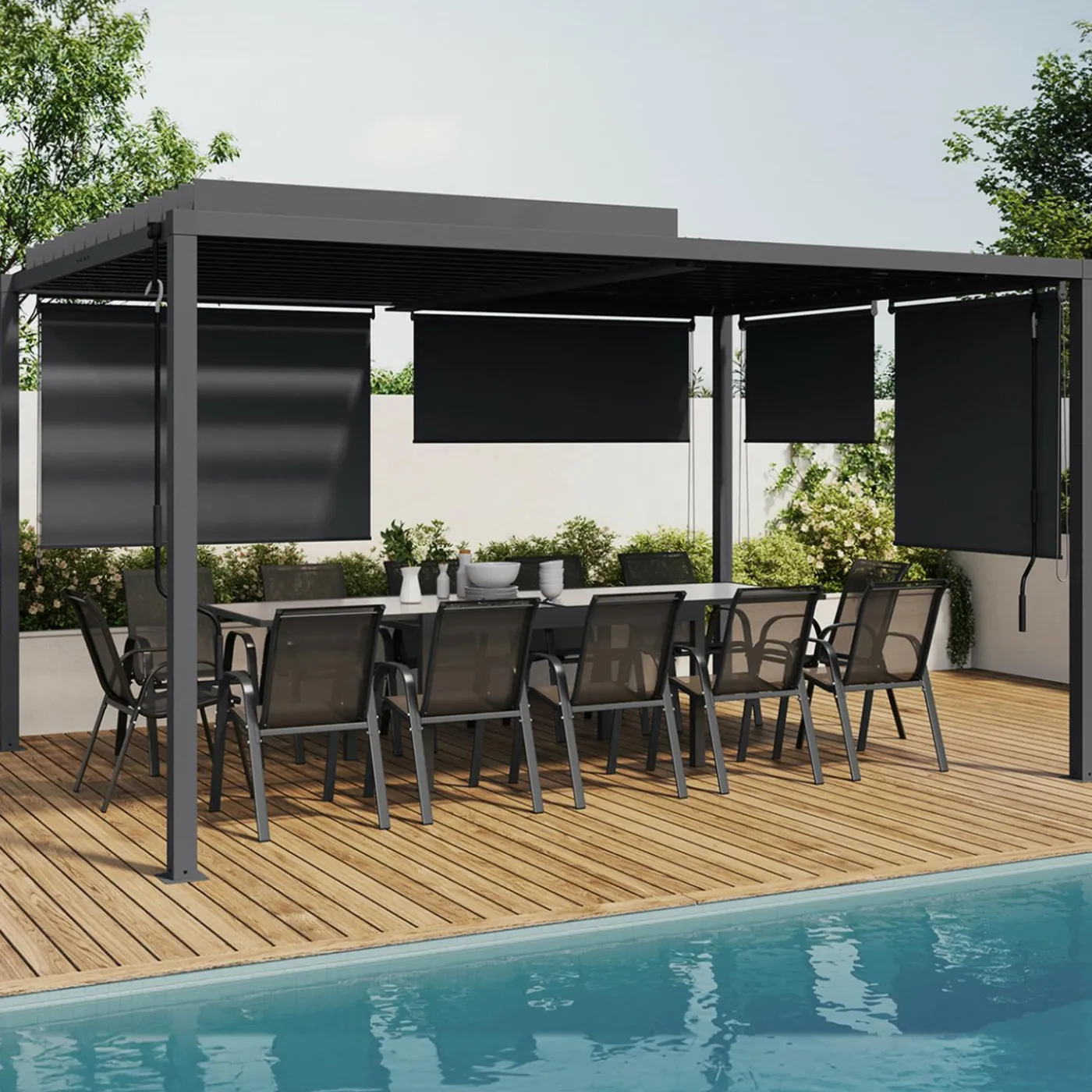 Pergola bioclimatique 3x4M lames orientables et stores gris anthracite