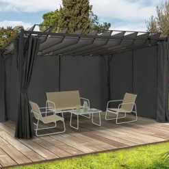 Pergola lames orientables avec 4 rideaux gris 3x4 M