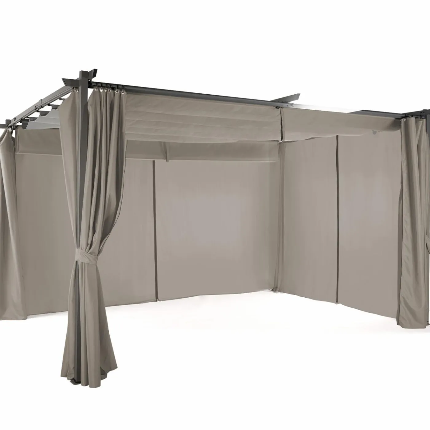 Pergola toit rétractable avec rideaux coloris taupe