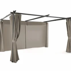 Pergola toit rétractable avec rideaux coloris taupe